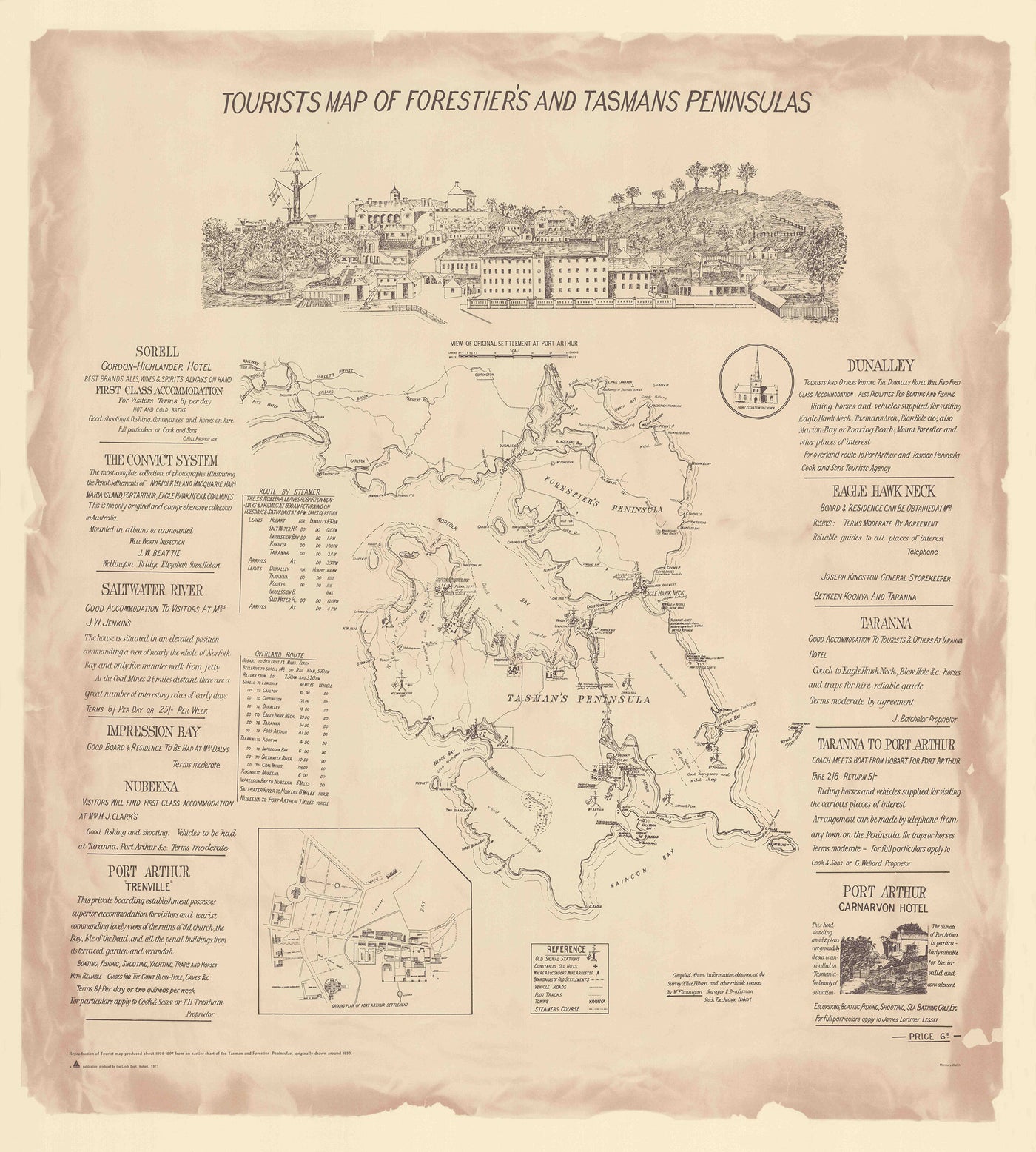 Vintage map of Foresters and Tasman's Peninsulas with text and illustrations on a beige background