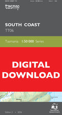 Map cover with 'tasmap' branding and digital download text on a red and gray background