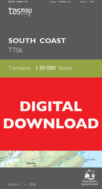 Map cover with 'tasmap' branding and digital download text on a red and gray background